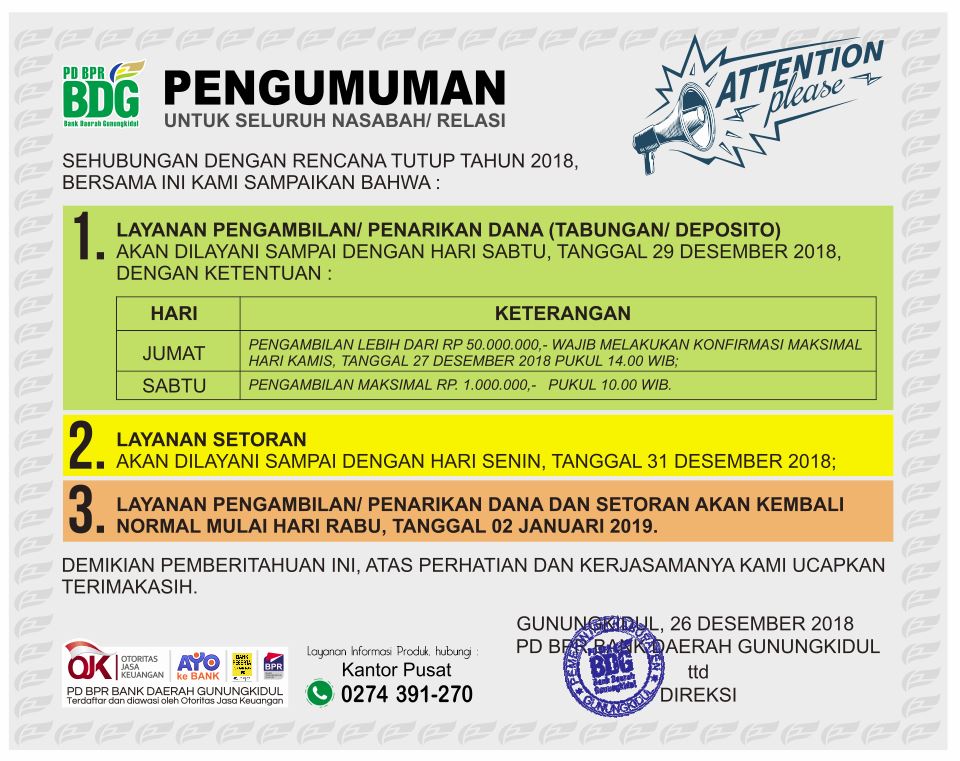 Pengumuman Pelayanan Tutup Tahun 2018